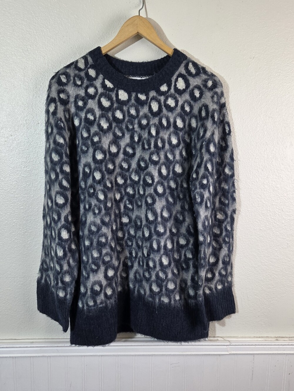NWT Current/Elliott The Cali Sweater Brushed Leopard Navy Gray Ivory Oversized 1